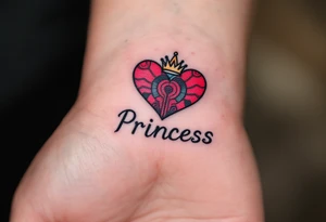 A matching red heart with a tiny crown above it and the word “Princess” in black, celebrating a daughter’s special role. tattoo idea