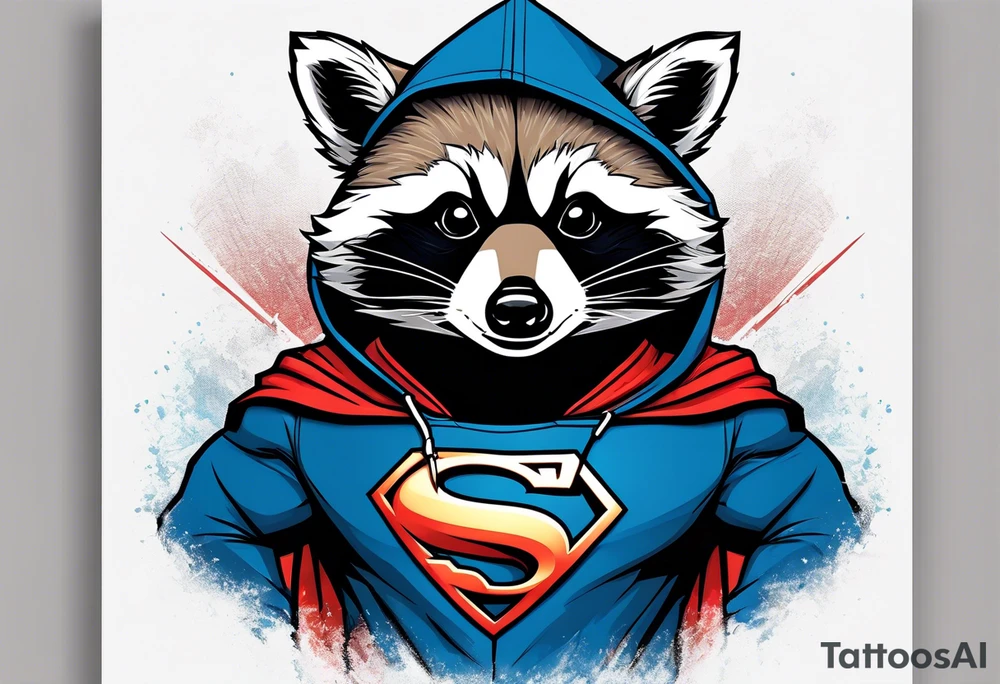raccoon wearing a Superman hoodie tattoo idea