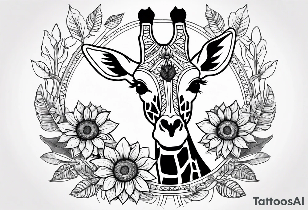 giraffe front view with sunflower and leafs forearm tattoo idea