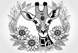 giraffe front view with sunflower and leafs forearm tattoo idea