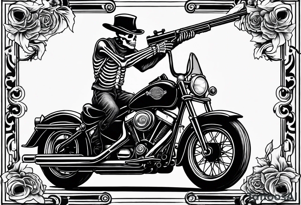 Old school skeleton holding a shotgun riding a harley davidson tattoo idea