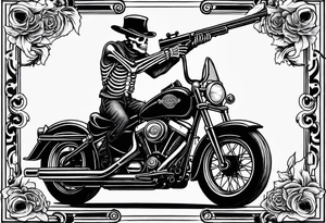 Old school skeleton  holding a shotgun riding a harley davidson tattoo idea