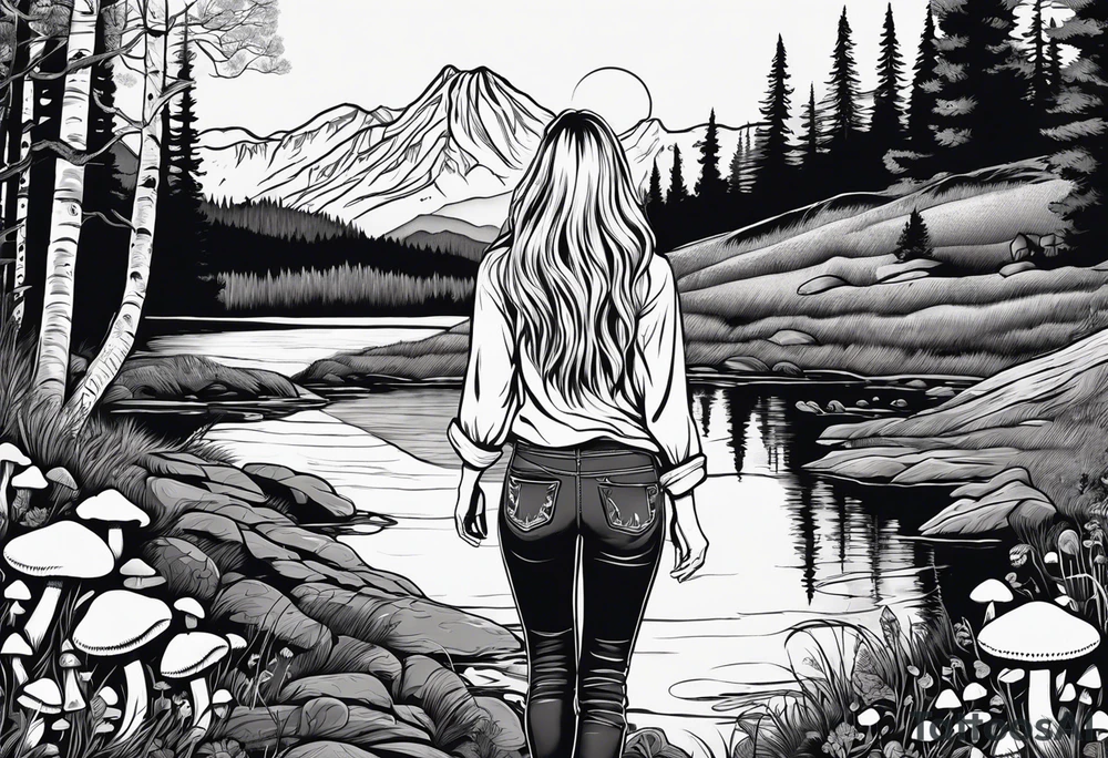 Whole picture encircled fully

Straight long blonde hair hippie girl in distance holding mushrooms in hand facing away toward mountains and creek surrounded by mushrooms long sleeve shirt and hiking pants; whole rendering within a full circle, no cut off circle tattoo idea
