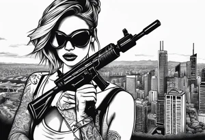 Woman wearing a ski mask holding a gun with graffiti as the background and a scenic view of Sydney city tattoo idea