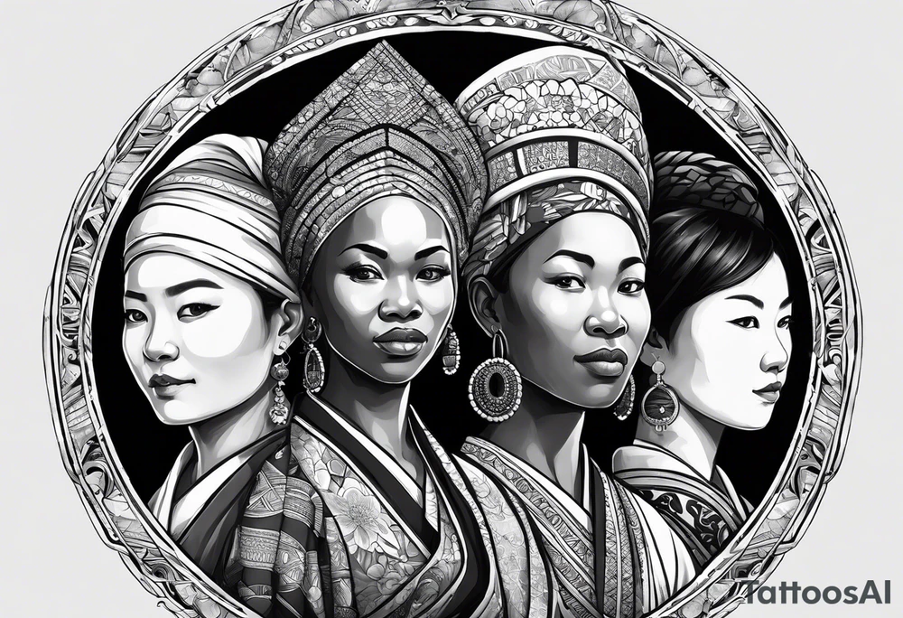 three  people side by side. a really really young african Daughter on the left, a russian mother in the middle, really really old japanes grandmother on the right. greater age difference, in an artfully decorated frame tattoo idea