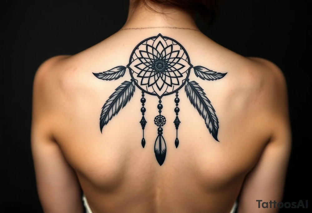 native dreamcatcher with flowing feathers and sacred beads tattoo idea