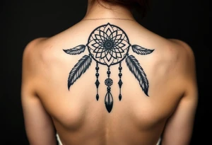 native dreamcatcher with flowing feathers and sacred beads tattoo idea