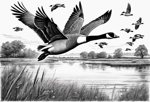 geese flying over marsh and people shooting them tattoo idea