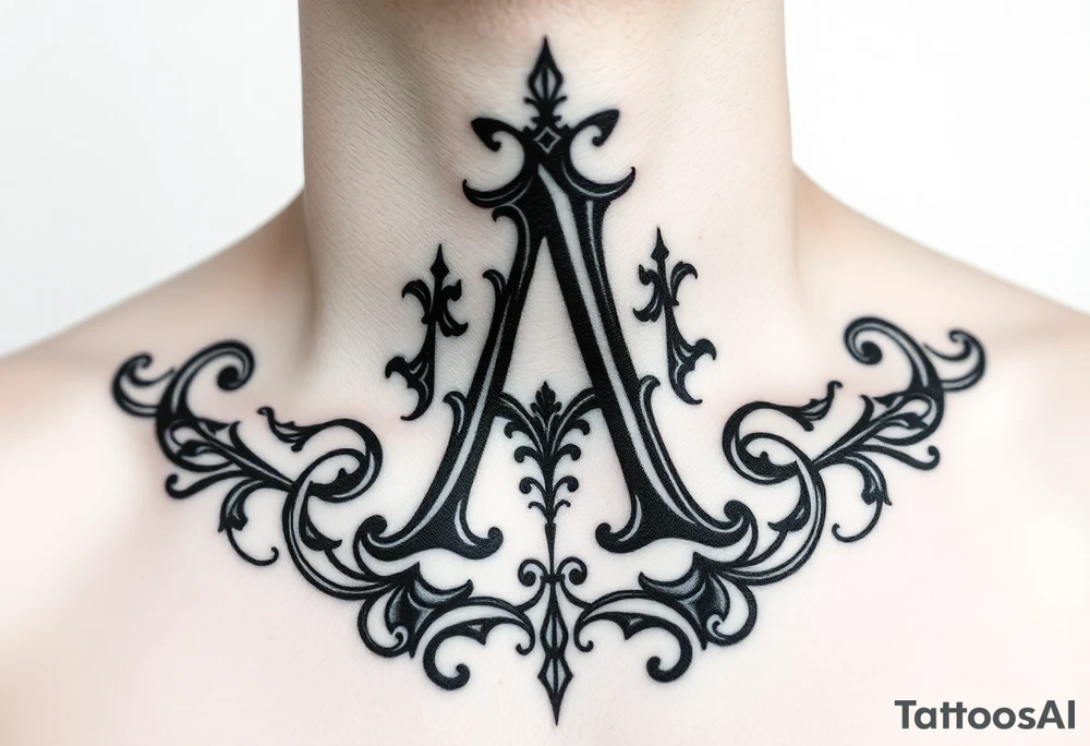 Create a center of the throat tattoo using old english font of Letter A with a background to cover whole throat area tattoo idea