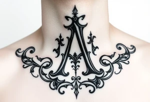 Create a center of the throat tattoo using old english font of Letter A with a background to cover whole throat area tattoo idea