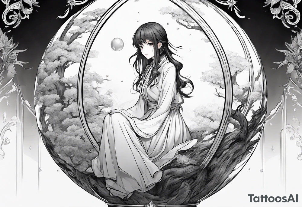an anime girl sitting on a small sphere, staring front tattoo idea