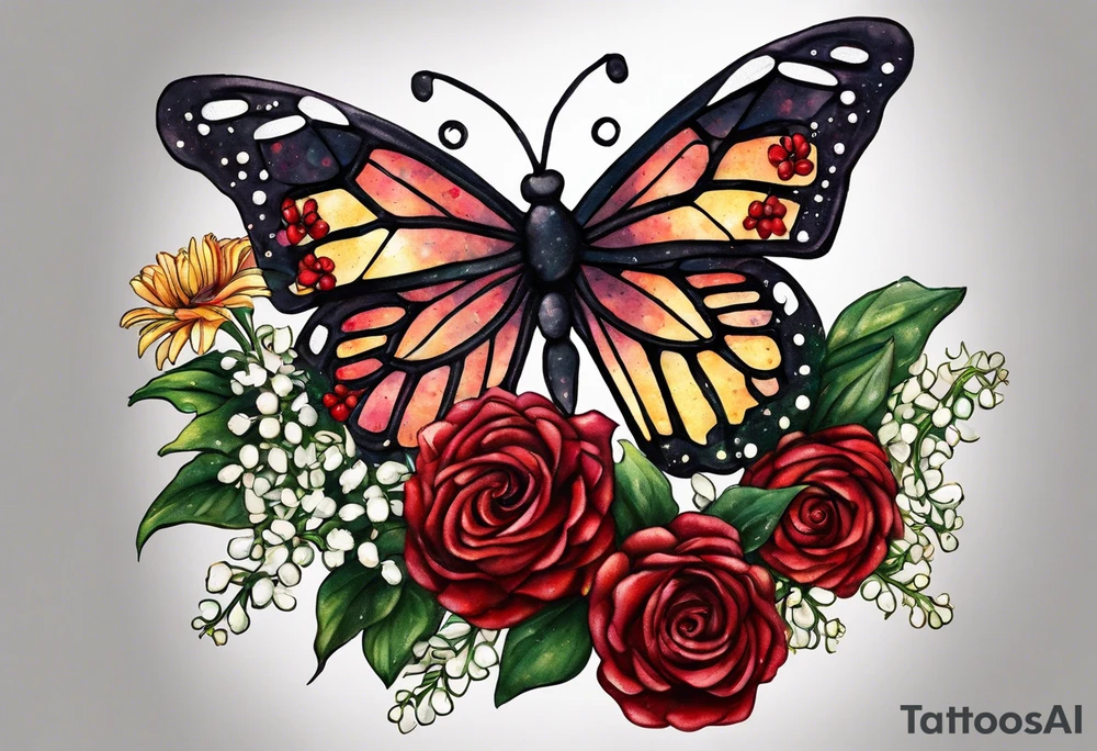 please make a Gemini constellation made of roses, Sagittarius constellation made from Chrysanthemum flowers, Virgo constellation made of Aster flowers, Taurus constellation made from Lily of the Valley flowers all tied together in an arm sleeve tattoo with 4 realistic lady bugs scattered throughout, one realistic butterfly, one realistic cassette tape with the following written on it for song list: #1 "you are my sunshine-3:15"
#2 "3 little birds-12:14"
#3 "twinkle twinkle little star-6:25"
#4 "ABC's-12:00"
Also include a polaroid picture of a realistic view of "the tree of life" symbol with the following coordinates written on the bottom:
61.2547° N, 149.6932° W
61.2547° N, 149.6932° W
43.6355° N, 84.2608° W
42.278046°N, -83.738220W

Also include a realistic skull tied in to the flowers and back ground tattoo idea