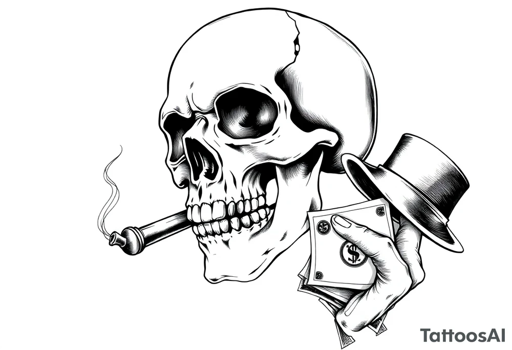 skull with cigar in his mouth,a mustache,a top-hat and money in a hand. tattoo idea