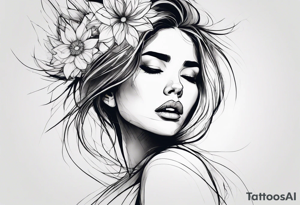 One line tattoo A distraught girl frazzled hair on her knees kind of disintegrating into dirt, screaming  (screams are visualized by lines) that turn into flowers tattoo idea