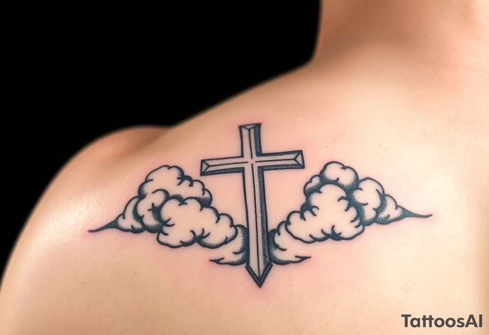 outer forearm sleeve with a cross clouds and make it catchy for teenagers tattoo idea