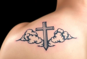 outer forearm sleeve with a cross clouds and make it catchy for teenagers tattoo idea