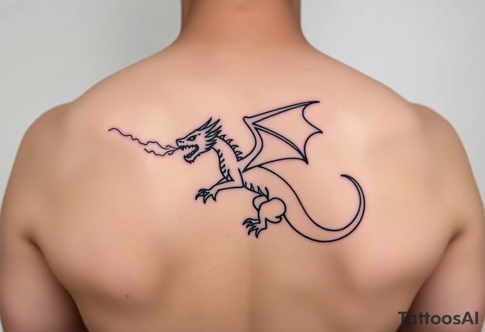 fierce dragon breathing iridescent fire against stormy skies tattoo idea