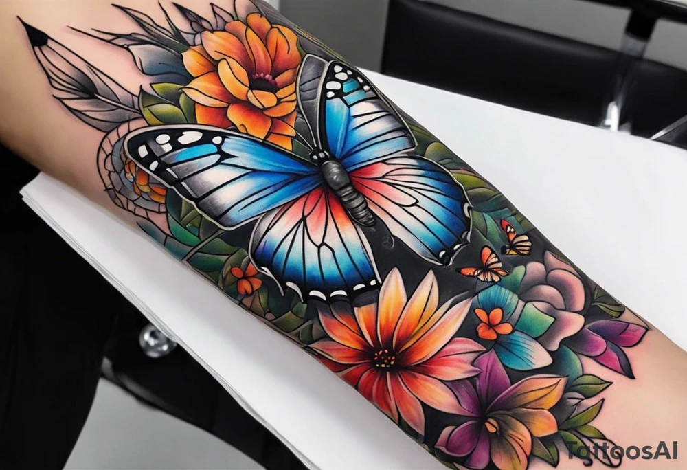 arm sleeve with dreamcatcher, rainbow flowers and one butterfly tattoo idea