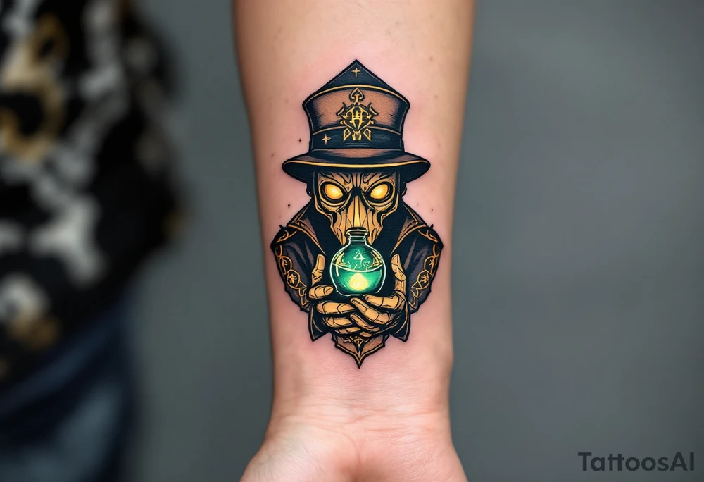 Alchemist Plague Doctor – A mystic plague doctor with tipical mask holding a potion bottle with a glowing deep green elixir inside. The mask is dark tan, with golden etchings resembling ancient alchemy symbols. tattoo idea