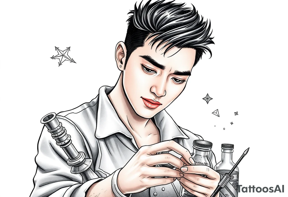 Handsome Asian young adult guy is  accidentally stumbled upon witch tools, supplies, artifacts, potions and exploring it curiously tattoo idea