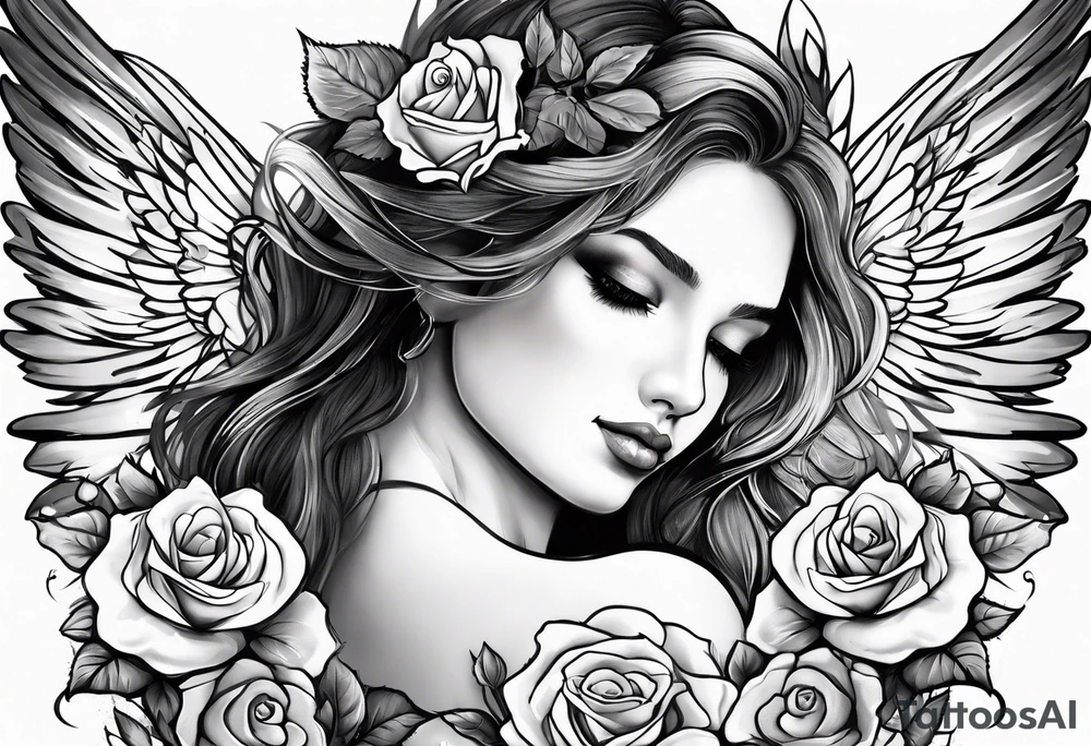 Angel, roses, name MARTINA tattoo idea