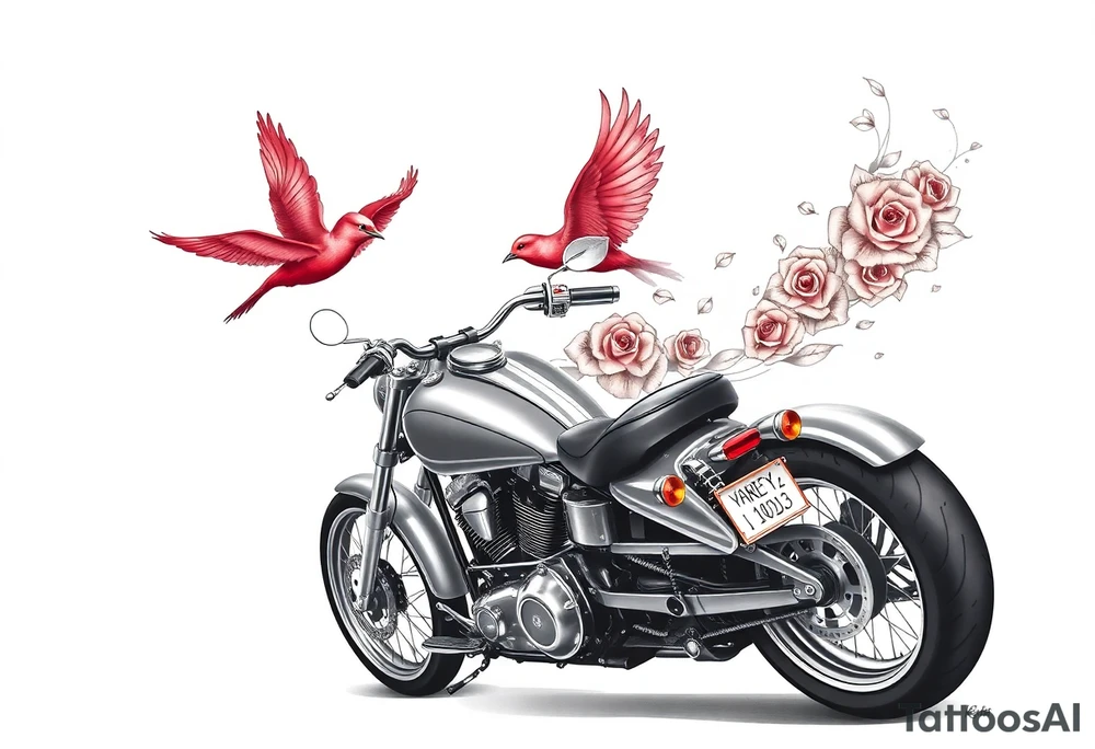 Harley grey motorcycle driving away, two red birds flying, roses and lace, flames tattoo idea