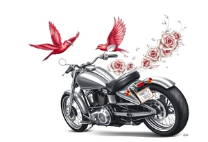 Harley grey motorcycle driving away, two red birds flying, roses and lace, flames tattoo idea