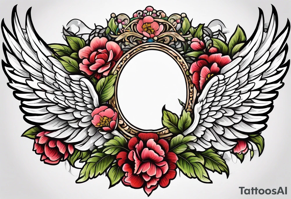beautiful angel wings with colorful, peonies. beautiful flilligree in the background , full color, traditional old school , white background tattoo idea