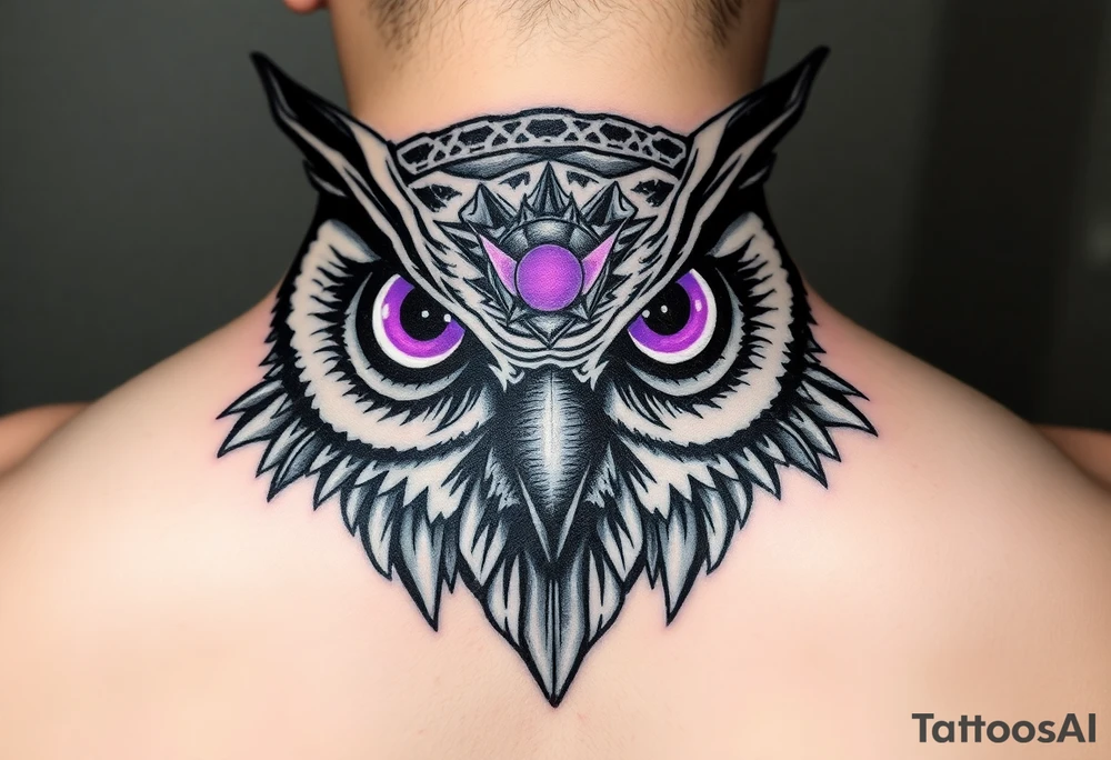 Cyber Owl head with large intense tripping purple eyes without pupils and geometry glowing circle on the forhead tattoo idea