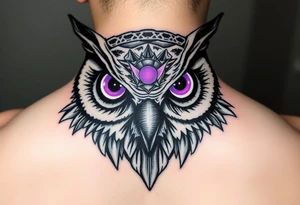 Cyber Owl head with large intense tripping purple eyes without pupils and geometry glowing circle on the forhead tattoo idea