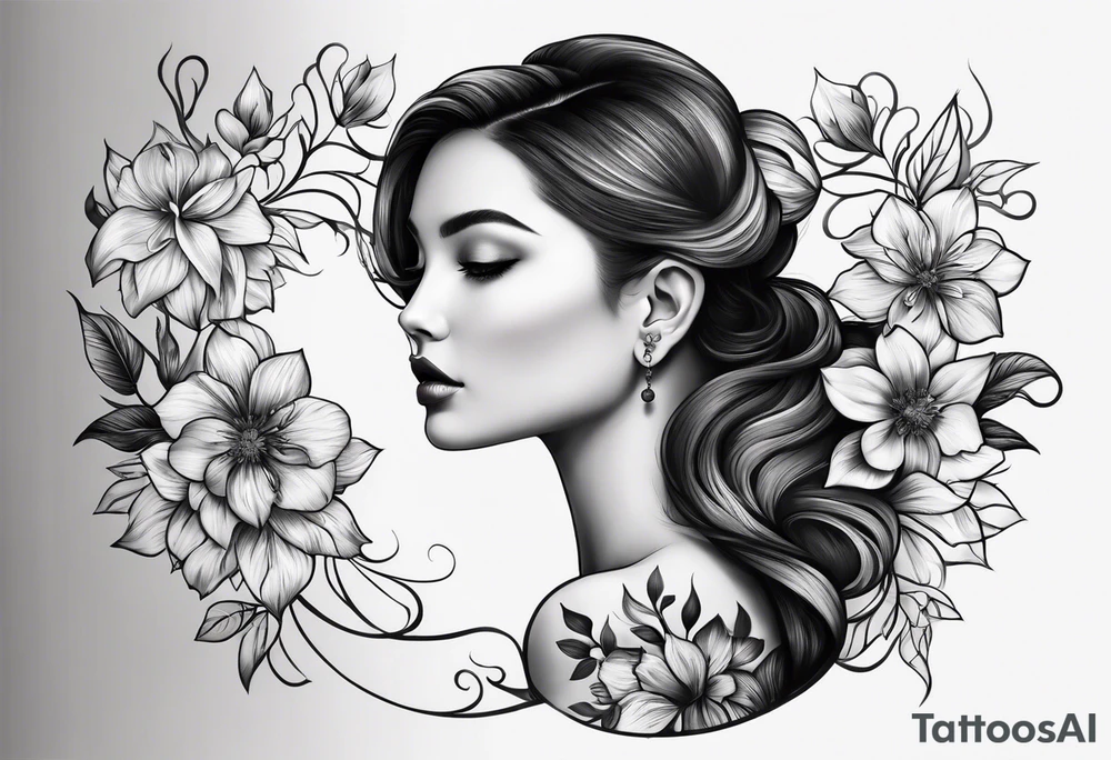 Small curve flower tattoo to go behind the ear with hanging pieces tattoo idea