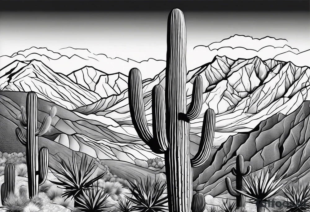 Forearm vertical, cactus, mountain, 2 hikers tattoo idea