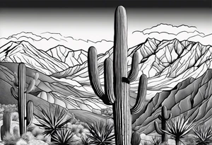 Forearm vertical, cactus, mountain, 2 hikers tattoo idea