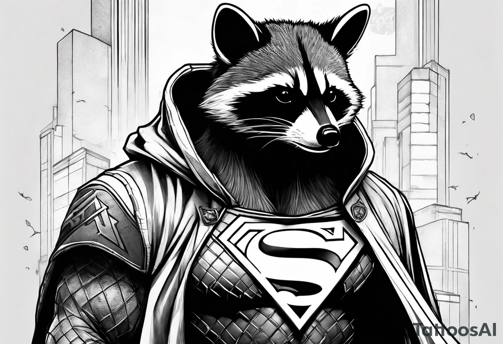raccoon wearing a Superman hoodie tattoo idea