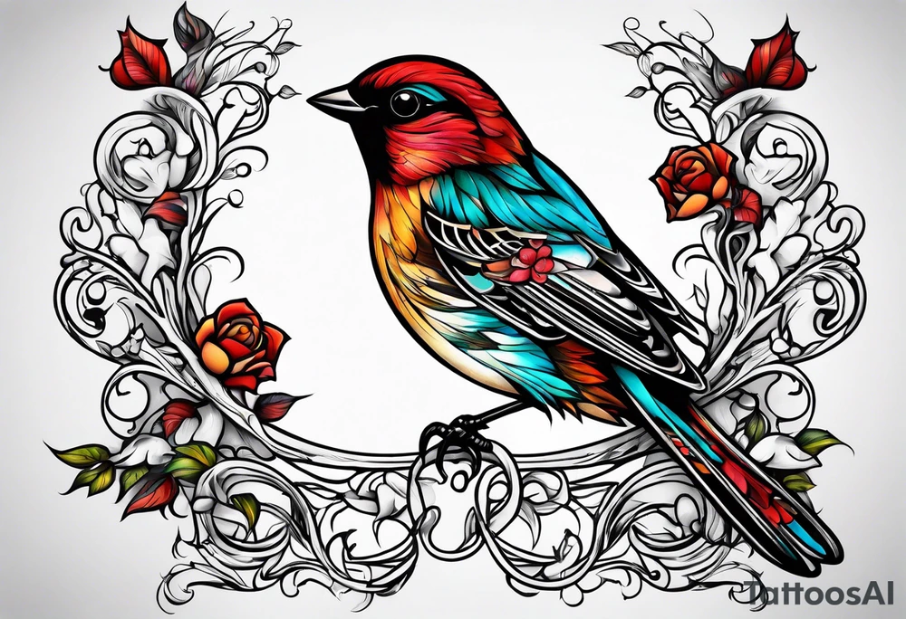 Thin line birds and vines tattoo idea