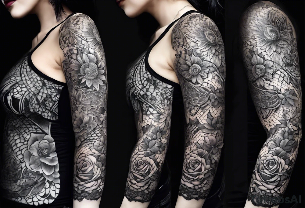 lace feminine full arm sleeve tattoo idea