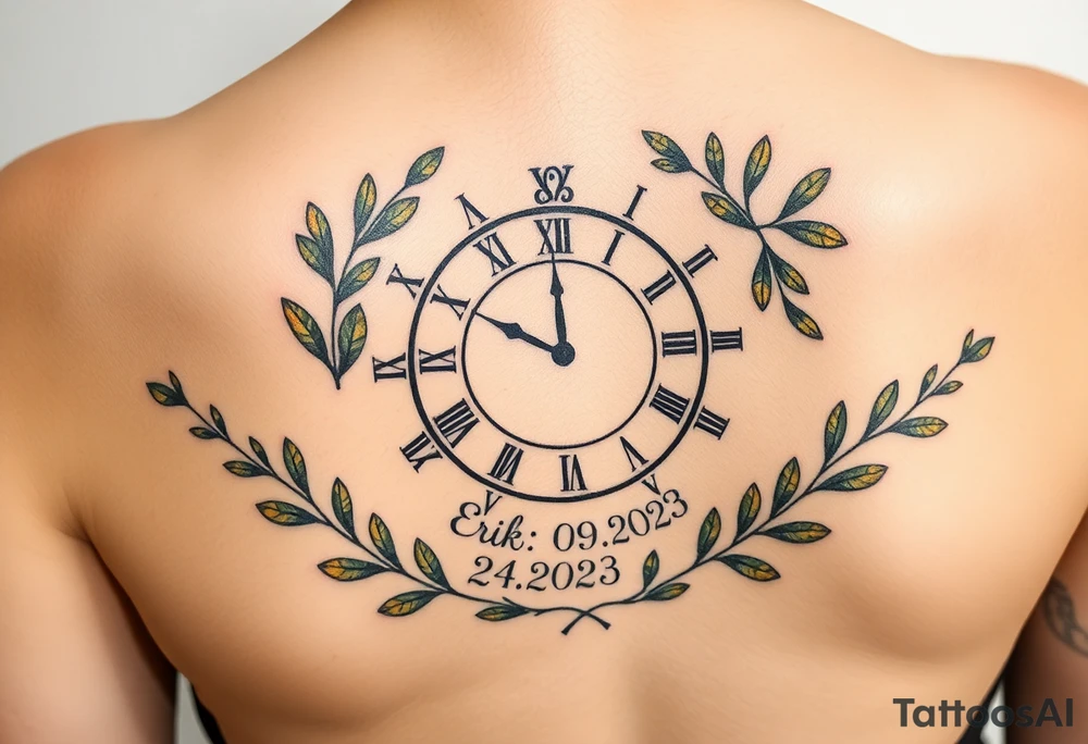 A Roman numeral clock surrounded by olive branches, with baby´s name "Erik" and birth date "24. 09. 2023 in muted green and gold tattoo idea