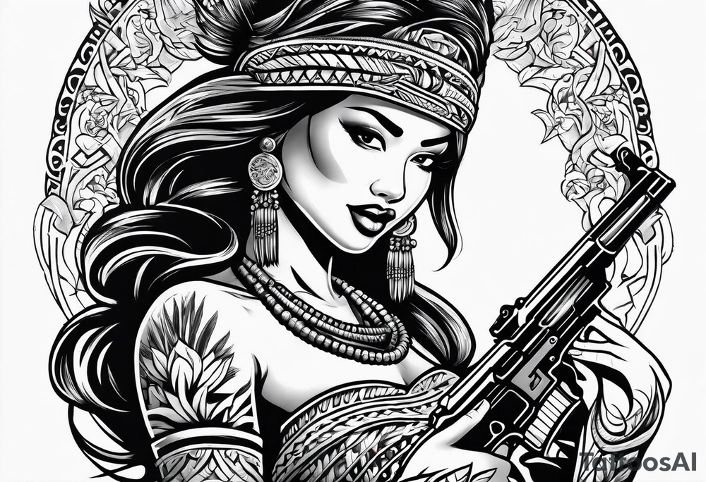 hula girl who dance with famas gun tattoo idea