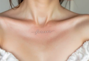 A minimalistic "forever" in delicate white ink across the collarbone, like a hidden promise. tattoo idea