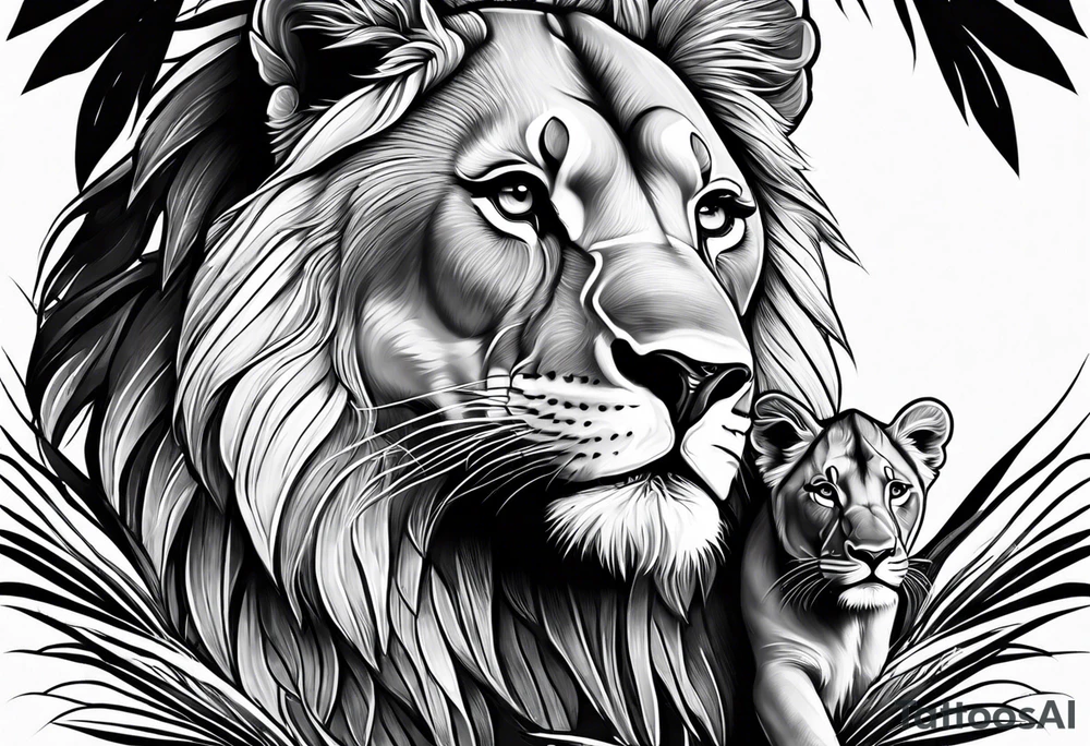 lioness and cub sun palm tree tattoo idea