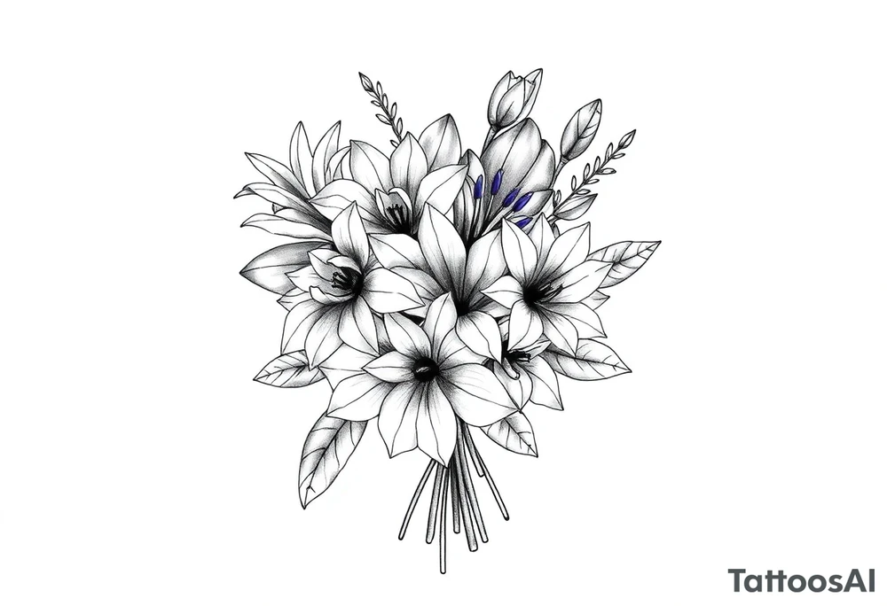 palm sized flower bouquet that has daffodil, violet and narcisuss tattoo idea