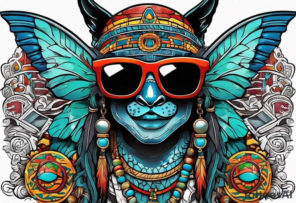 Colorful Mayan hieroglyph wearing sunglasses with bats and water tattoo idea