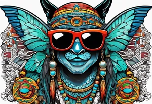 Colorful Mayan hieroglyph wearing sunglasses with bats and water tattoo idea