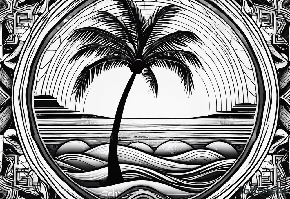palm tree front of a sun and waves tattoo idea
