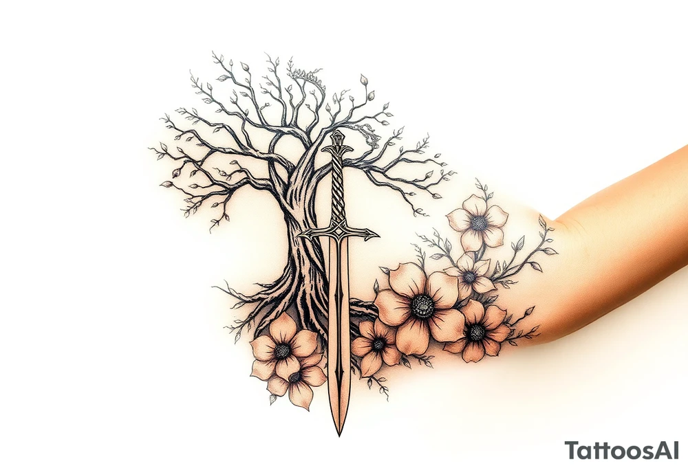 based on the Lord of the rings movies with the tree of Gondor, the Evenstar, the sword Narsil, and flowers tattoo idea