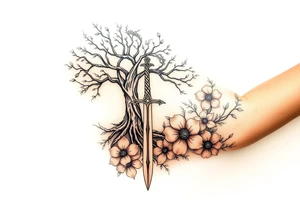 based on the Lord of the rings movies with the tree of Gondor, the Evenstar, the sword Narsil, and flowers tattoo idea