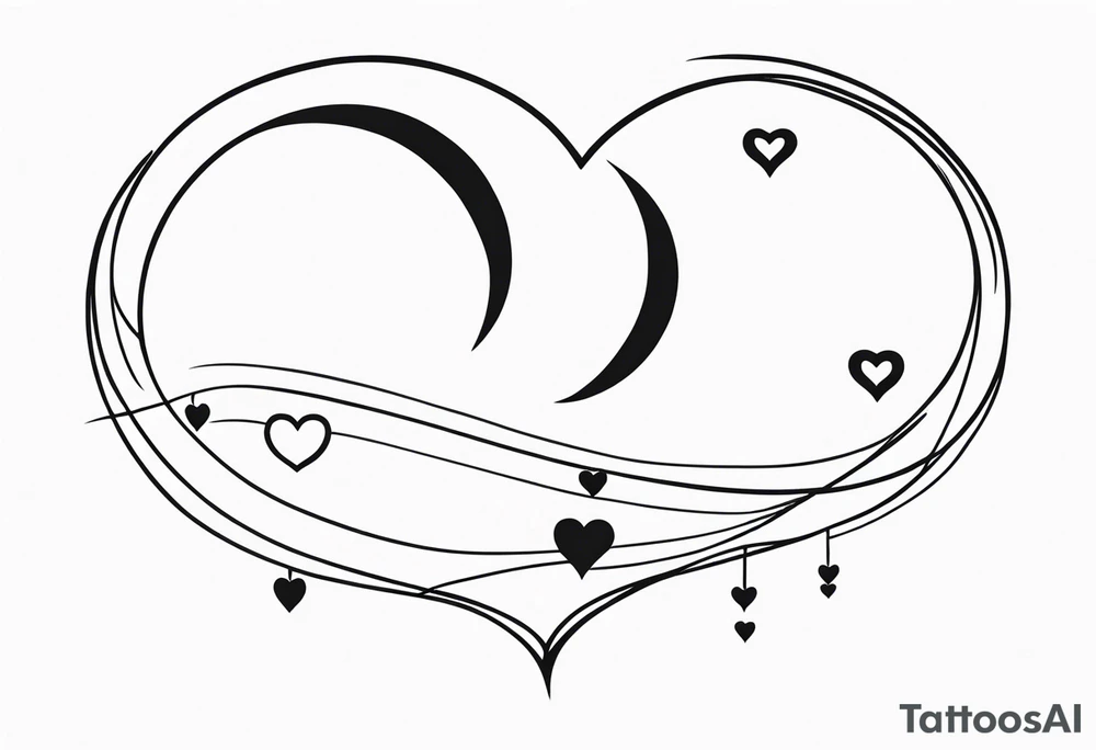 Crescent moon with a love heart inside it and 4 hearts dangling from it tattoo idea