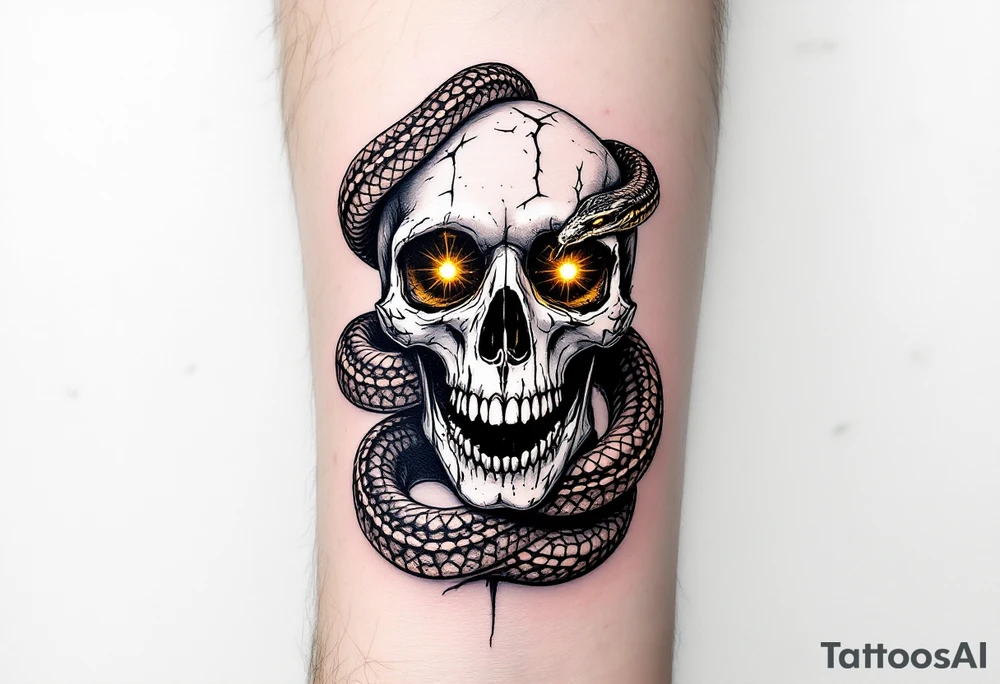 A snake coiled around a white skull, eyes glowing yellow, with "memento mori" beneath in crumbling black ink. tattoo idea