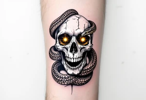 A snake coiled around a white skull, eyes glowing yellow, with "memento mori" beneath in crumbling black ink. tattoo idea