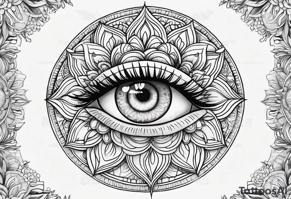 Mandala design with realistic woman’s eye in the center tattoo idea